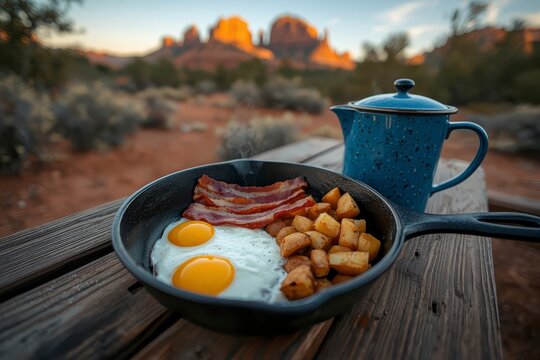 Rustic campsite breakfast with fried eggs, bacon, and potatoes in a cast iron skillet on a wooden picnic table with a red rock canyon background.