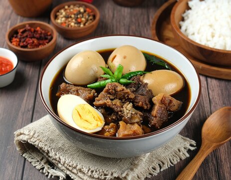 Indonesian Rawon Beef Soup with Boiled Eggs and Green Chili