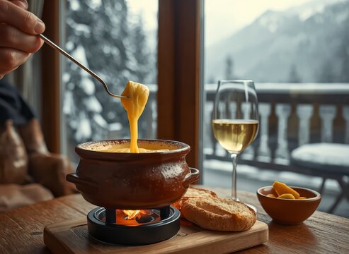 Cozy authentic Swiss cheese fondue set in a ceramic pot with dipping bread and white wine inside an alpine chalet overlooking snowy mountains.