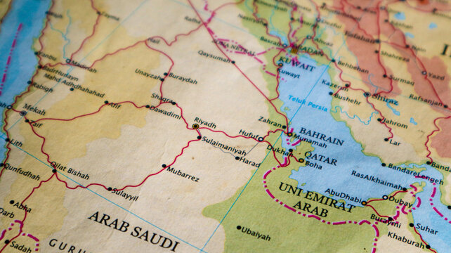 Map of Qatar, an emirate in the Middle East located on a small peninsula in the Arabian Peninsula in Western Asia.