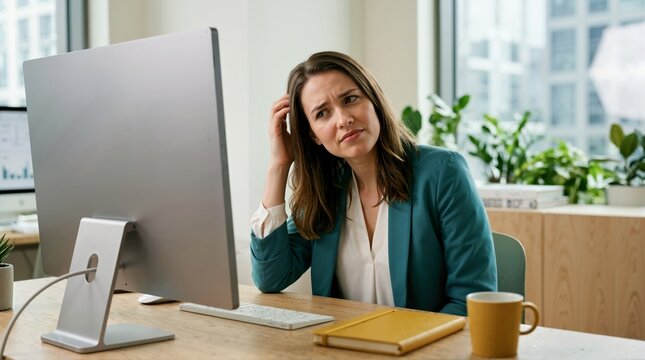 Confused businesswoman looking at a computer screen in a modern office. Frustrated female employee scratching her head while working at a desk