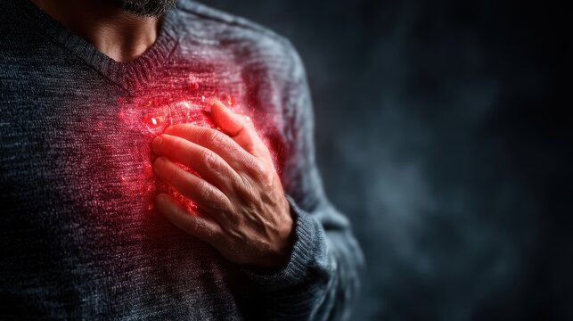 Midsection of a man clutching his chest with a glowing red heart attack effect, representing severe chest pain, cardiovascular disease, or angina with dark copy space