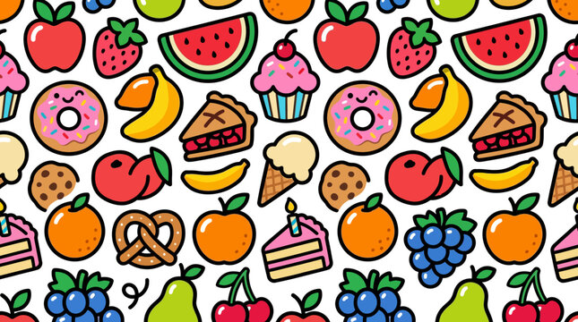 Colorful cartoon fruit and dessert icons.