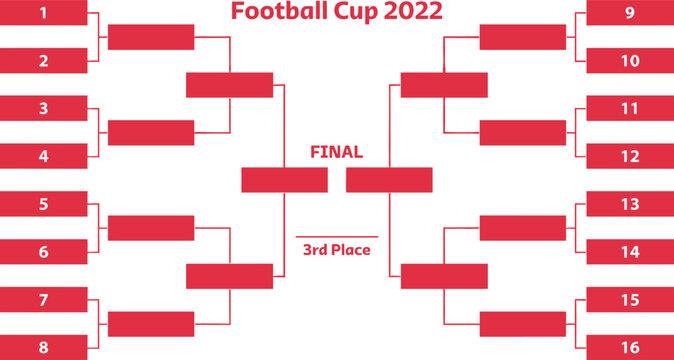 Football Cup 2022 Tournament Bracket Template with Red Knockout Stage Flowchart Diagram for Sixteen Teams Championship Match Schedule Planning