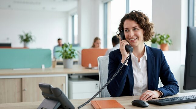 Smiling businesswoman answering phone at office desk. Professional female employee talking on landline telephone in modern workspace. Customer service and communication concept