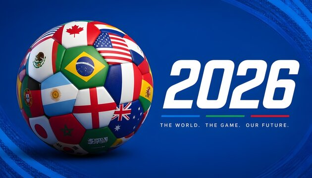 International soccer ball with national flags and 2026 event text on blue background, world cup