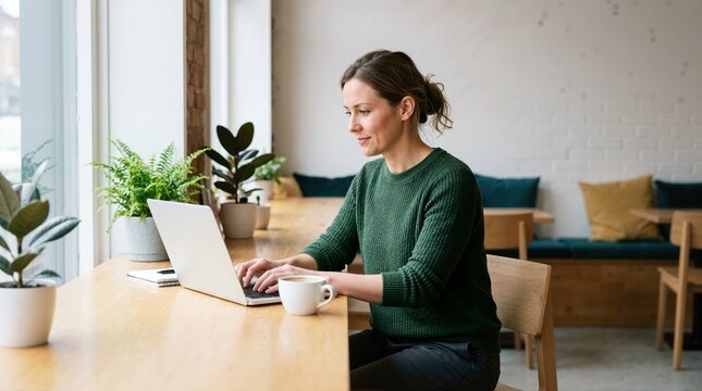 Entrepreneur working on a laptop in a modern cafe. Young woman freelancer using computer at a coffee shop table. Remote work and digital nomad lifestyle concept