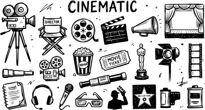 Cinematic Movie Industry Icons: Black and White Line Art of Film Production and Cinema Symbols