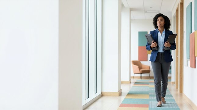 Professional Black woman walking in an office hallway with folders. Confident female candidate prepared for a meeting. Corporate career and business progress concept