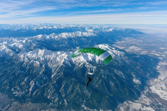 Skydiver with green and white parachute descends over snow-capped mountains and a vast valley landscape.