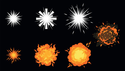 Cartoon explosion effect set featuring bright flash bursts and fiery orange smoke clouds on black background vectorCartoon explosion effect set featuring bright flash bursts and fiery orange smoke clo © MDHAFIJUDDIN
