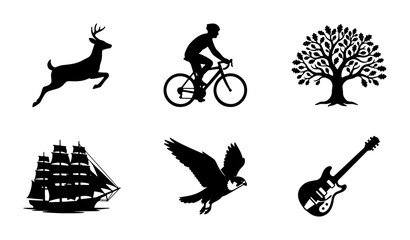 Silhouette Icons: Deer, Cyclist, Tree, Sailboat, Falcon, Guitar. Vector Graphics for Nature, Sport, Music, and Adventure Themes. © Nadiya