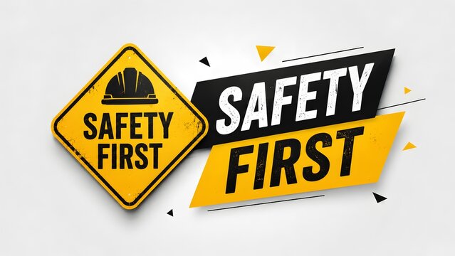 Yellow and black safety first warning sign design with construction hard hat icon for industrial hazard prevention.