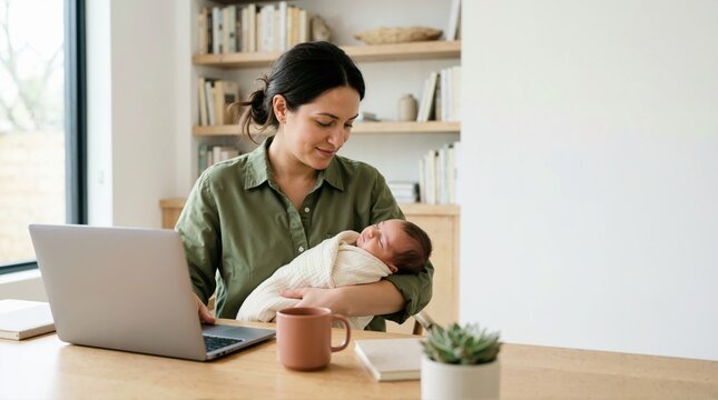 Mother holding sleeping newborn baby while working on laptop. Remote business and motherhood balance. Professional woman in home office with infant