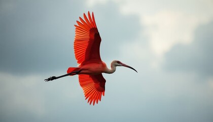 Naklejka premium Scarlet ibis bird flies in sky with wings spread open. Bright red bird has long beak and slender legs. Wildlife animal soars with cloudy background.