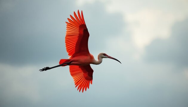 Scarlet ibis bird flies in sky with wings spread open. Bright red bird has long beak and slender legs. Wildlife animal soars with cloudy background.