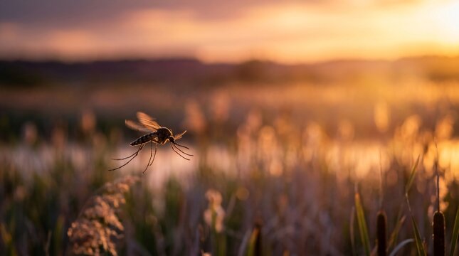 Mosquito flying in air against golden sunset light. Macro shot of insect in nature. Summer evening background with blurred meadow grass. Wildlife biology and pest control concept.