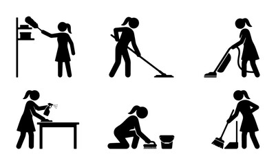 Fototapeta premium Cleaning Icons Set, Housekeeping Vector Graphics, Domestic Chores Pictograms, Household Tasks Collection