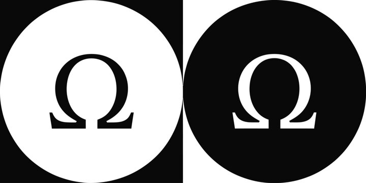 Omega logo symbol, black and white circular design representing Greek letter omega for branding identity science philosophy and modern minimalist logo use.