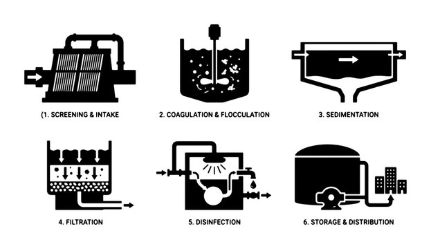 Water Treatment Process Icons, 6 Steps for Purification, Industrial Flowchart Elements, Wastewater Management Graphics, Clean Water Production Icons