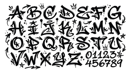 Graffiti alphabet set with letters az and numbers 09, urban street art style, bold black ink lettering, spray paint drips, arrows, and crown accents © Saharia