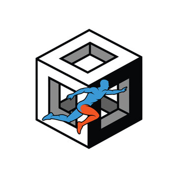 Human figure jumping through an impossible square cube shape with impossible geometry abstract movement athletic exercise conceptual illusion perspective minimalist velocity training
