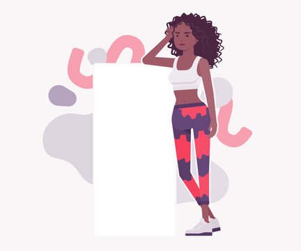 Sporty Black woman leaning her elbow on a blank vertical board. Thoughtful young athletic girl in fitness wear with empty mockup placards, modern vector flat style illustration in trendy pastel colors