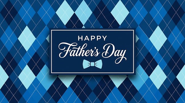 Happy Father's Day greeting card on blue argyle pattern background, masculine holiday banner with bow tie icon, elegant geometric diamond backdrop