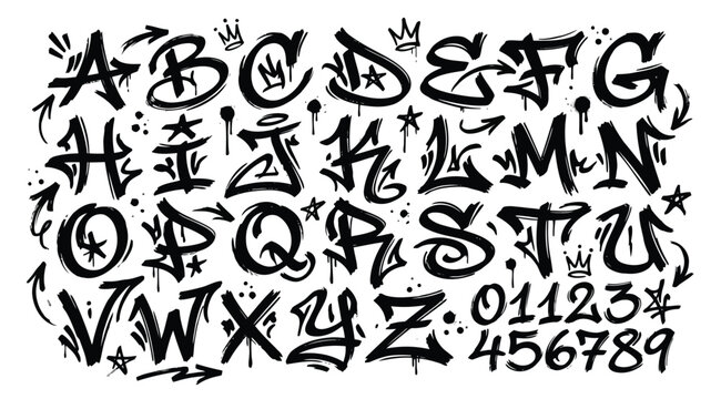 Graffiti alphabet set with letters az and numbers 09, urban street art style, bold black ink lettering, spray paint drips, arrows, and crown accents