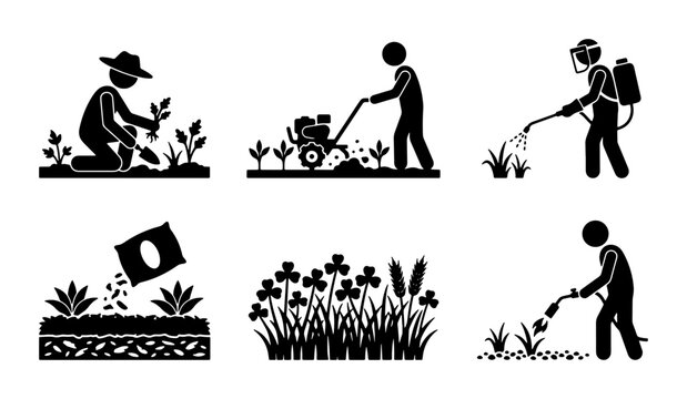 Gardening and Lawn Care Icons: Planting, Mowing, Spraying, Seeding, Weeding, and Watering Vector Set