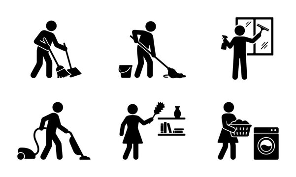 Household Cleaning Icons Set, Vector Graphics for Housekeeping and Chores, Simple Stick Figure Pictograms for Domestic Tasks