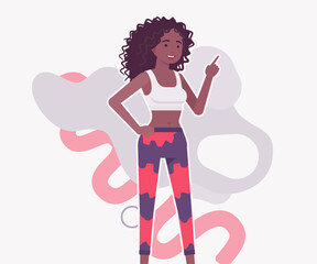 Sporty Black woman standing with hand on hip and pointing her finger. Active young athletic girl in fitness wear on abstract backgrounds, modern vector flat style illustration in trendy pastel colors.