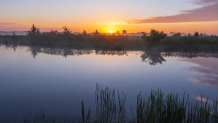 sunrise over a calm river with golden light reflecting on the water, surrounded by green trees and morning mis © Александр Арендарь