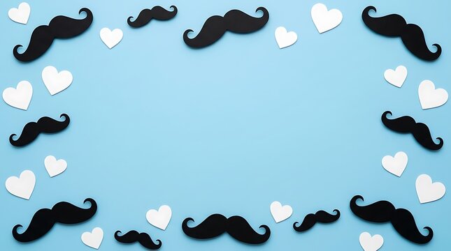 Father's Day background with black mustache and white heart frame, flat lay paper cutouts on blue surface, masculine holiday greeting card template