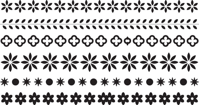 Diverse array of black ornamental borders showcasing repetitive floral and star shapes along with simple geometric dot patterns