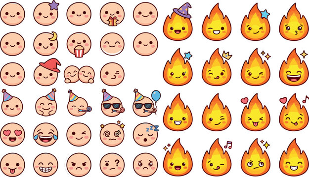 Cute emoji stickers mega set featuring happy cartoon face avatars and expressive little fire character mascots vectorCute emoji stickers mega set featuring happy cartoon face avatars and expressive li