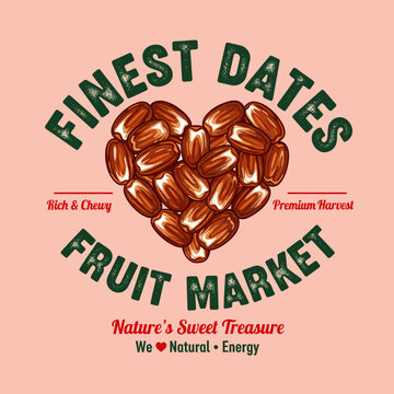 Finest dates nature's sweet treasure. Badge design for food packaging. Heart shape formed by dried date fruit. Vintage fruit market logo illustration.