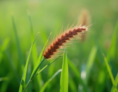Close-up of a fluffy grass seed head. Soft focus green background highlights delicate plant details. Sunlight shines through thin blades of grass.