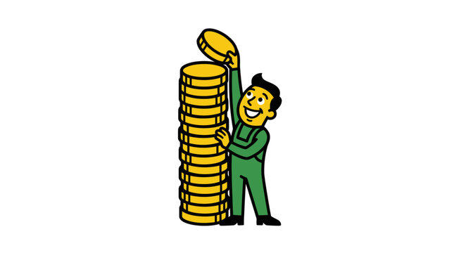 Man holding large stack of coins.