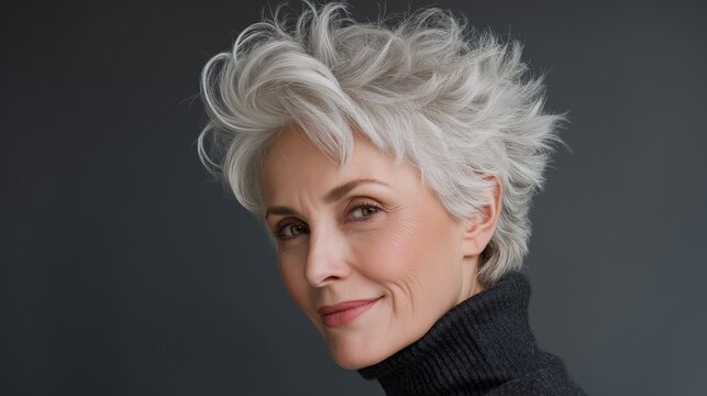 White Feathered Bixie Haircut on Older Woman