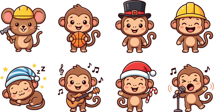 Cute Cartoon Monkey Character Vector Set with Various Professions and Outfits Including Construction Worker Musician Basketball Player and Santa Claus CostumesCute Cartoon Monkey Character Vector Set 
