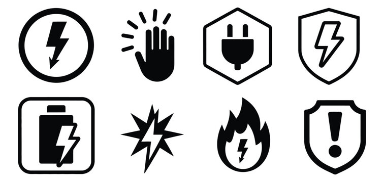 Electric shock warning icon collection with power hazard and high voltage safety symbols in vector style.