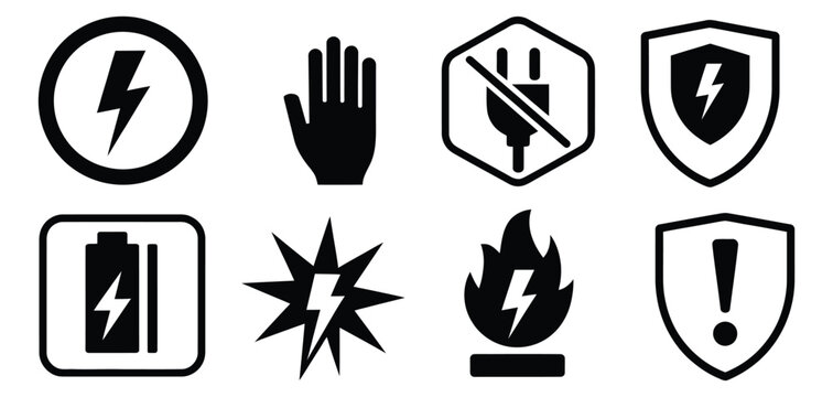 Power hazard vector icon set featuring electric shock and safety warning symbols for electrical danger concepts.