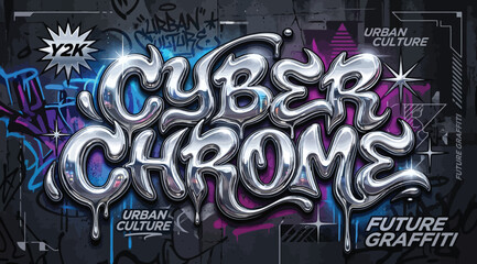 Cyber chrome y2k future graffiti text effect, urban culture streetwear graphic, 3d metallic liquid font © Saharia