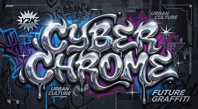 Cyber chrome y2k future graffiti text effect, urban culture streetwear graphic, 3d metallic liquid font