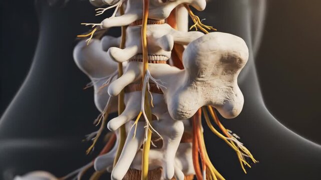 Anatomical model of human spine with visible vertebrae and nerve roots, showcasing detailed structure against a blurred background of a human silhouette