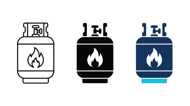 Three distinct styles of propane gas tank icons featuring flame symbols for industrial use shown in this clean digital illustration created for various professional design applications
