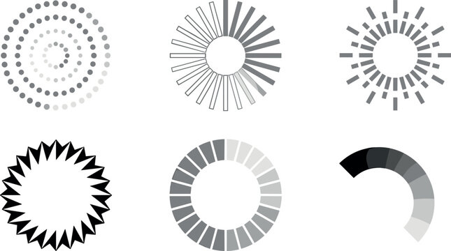 Abstract radial loading icon collection with circular progress indicators dotted sunburst shapes and segmented spinner vector elements.Abstract radial loading icon collection with circular progress in