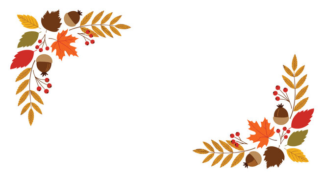 Decorative autumn corner borders composed of colorful maple leaves, oak leaves, berries, and acorns frame a white central space for seasonal text.