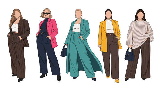 Group of five fashionable plus-size women modeling trendy autumn and winter outfits including blazers, trousers, and knitwear.